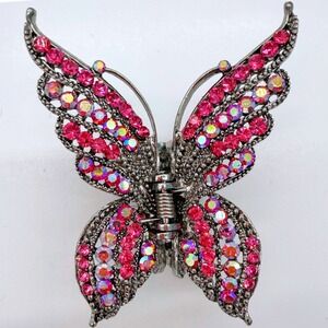 Vintage Butterfly Hair Claw Clip Pink AB Rhinestone Silver Tone Y2K